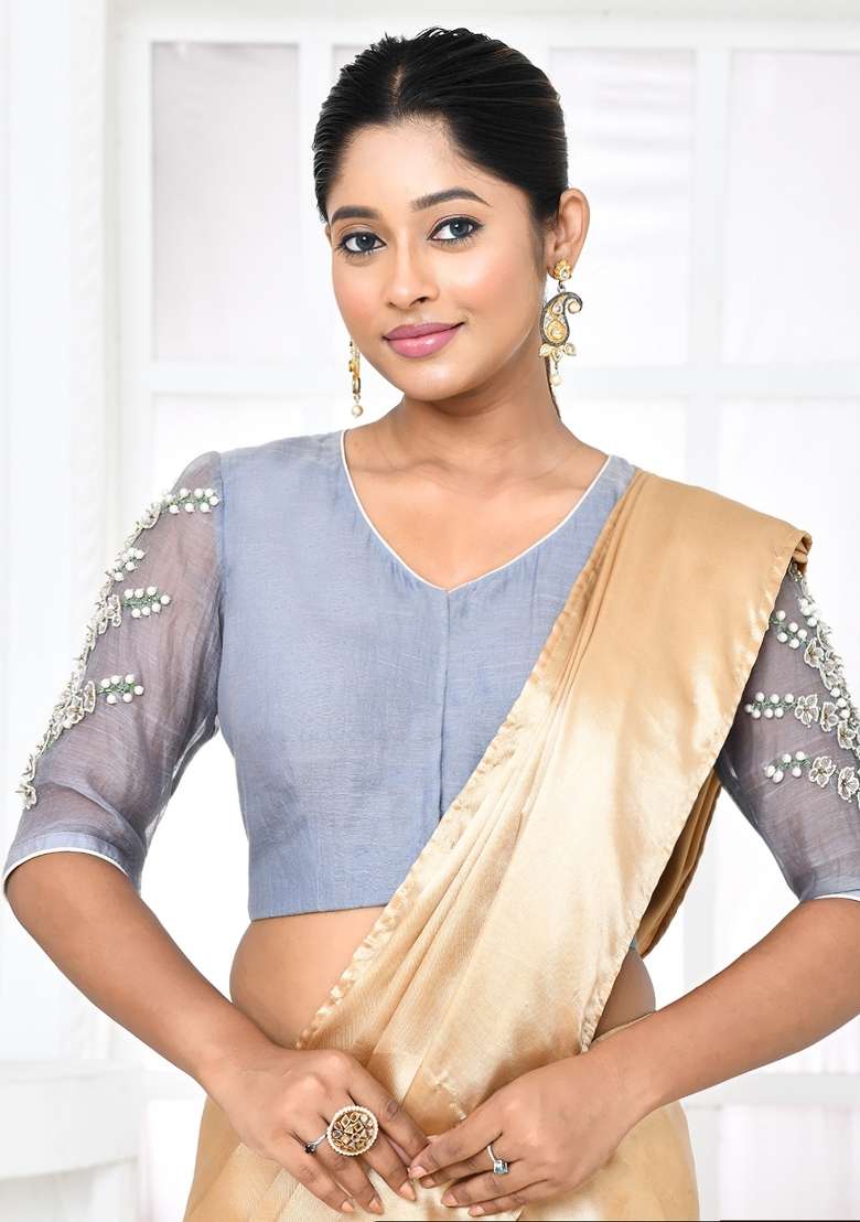 Grey Embroidered Chanderi Blouses - Indya