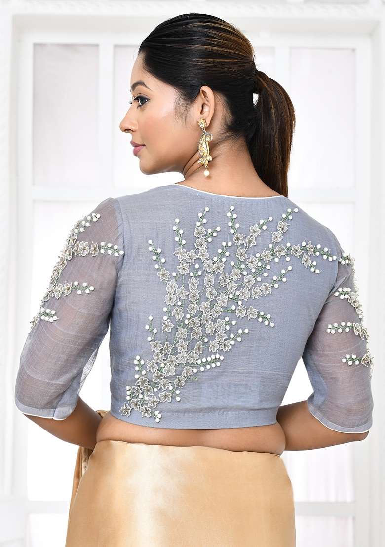 Grey Embroidered Chanderi Blouses - Indya