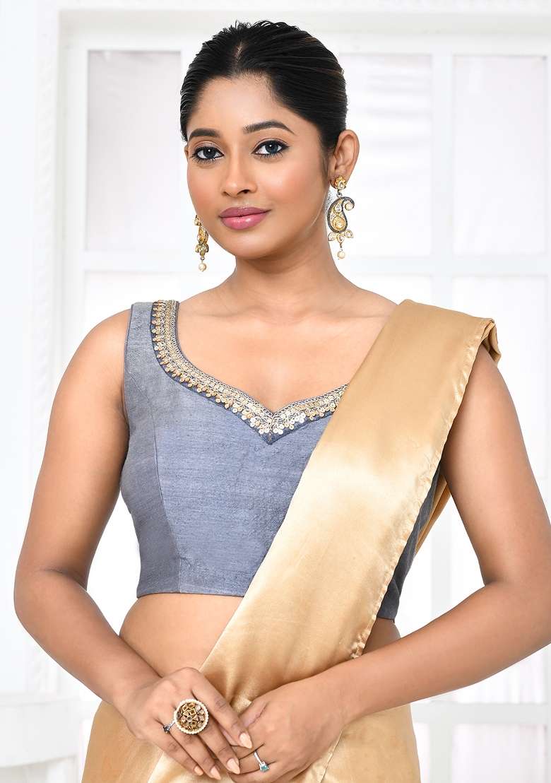 Grey Embroidered Matka Silk Blouses - Indya