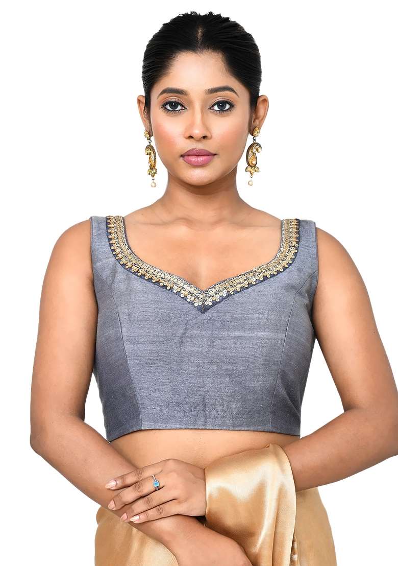 Grey Embroidered Matka Silk Blouses - Indya