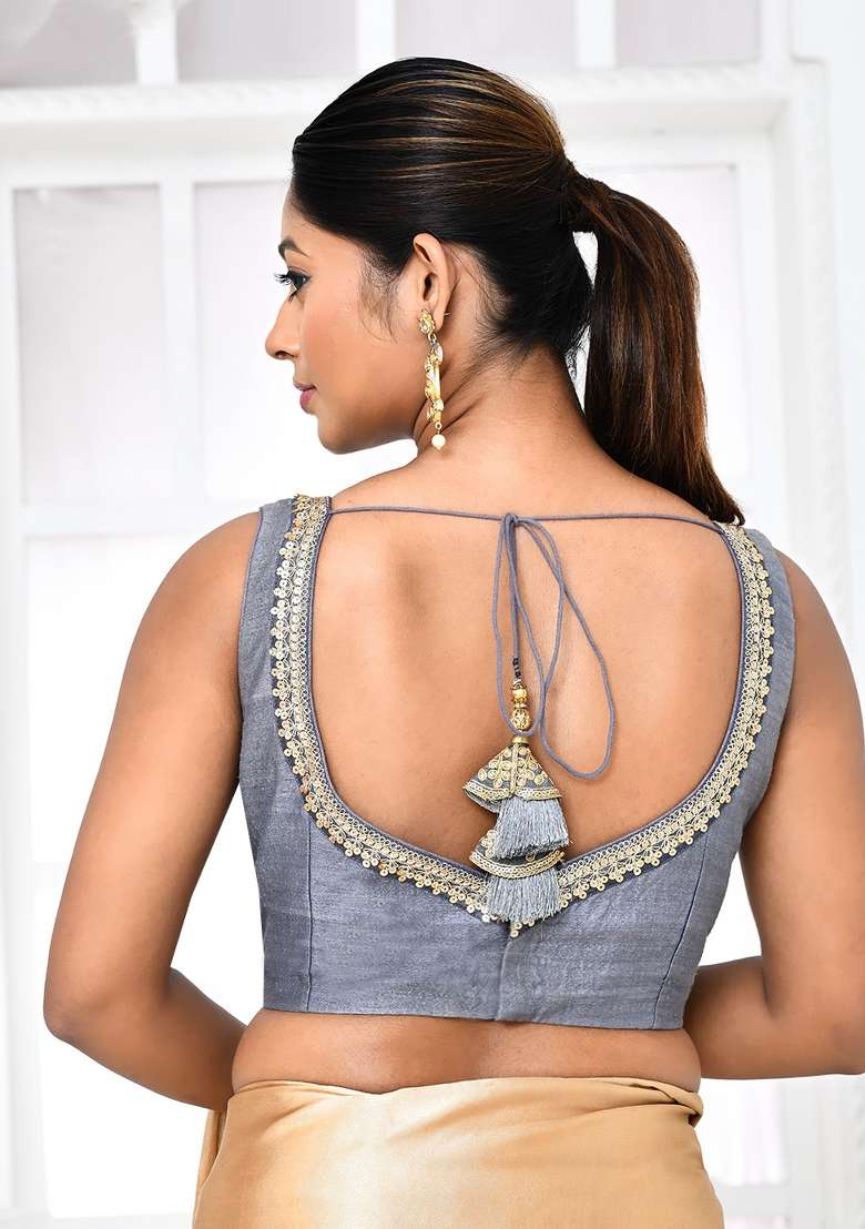 Grey Embroidered Matka Silk Blouses - Indya