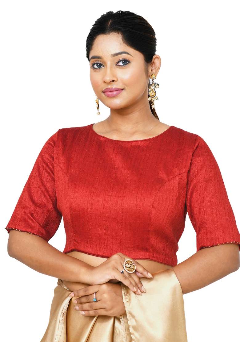Maroon Embroidered Raw Silk Blouses - Indya