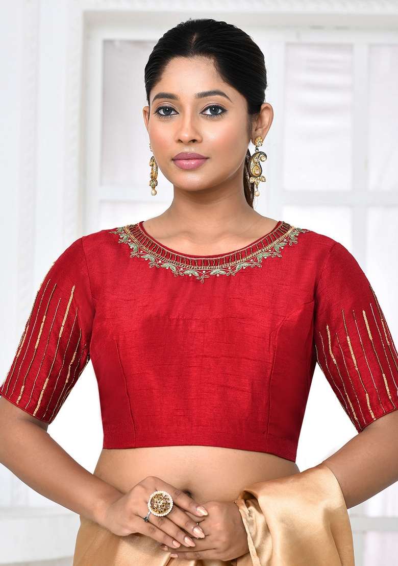 Maroon Embroidered Silk Blouses - Indya