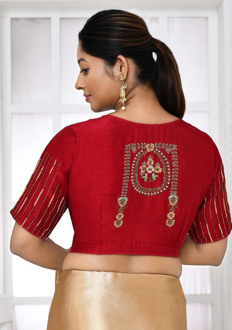 Maroon Embroidered Silk Blouses - Indya