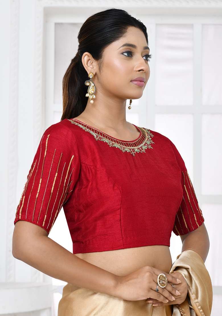 Maroon Embroidered Silk Blouses - Indya