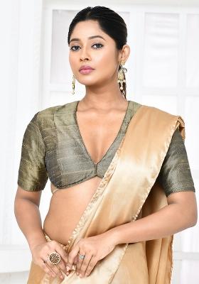 Metalic Olive Green Embroidered Raw Silk Blouses