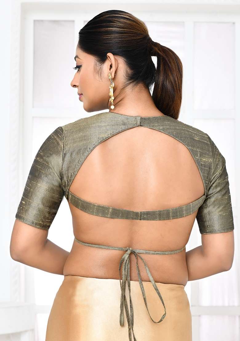 Metalic Olive Green Embroidered Raw Silk Blouses - Indya