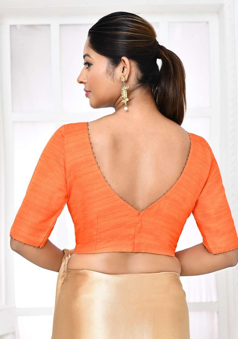 Orange Embroidered Raw Silk Blouses - Indya