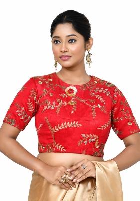 Red Embroidered Raw Silk Blouses