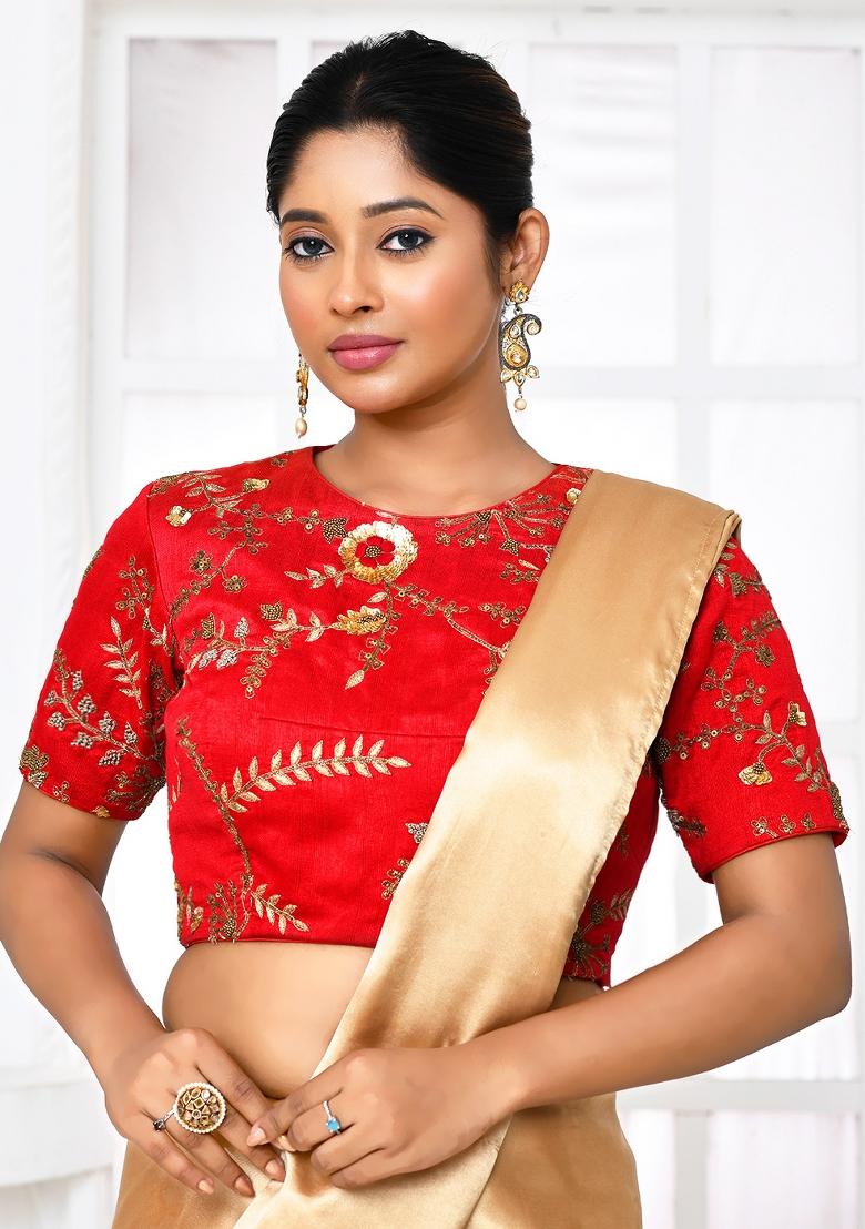 Red Embroidered Raw Silk Blouses