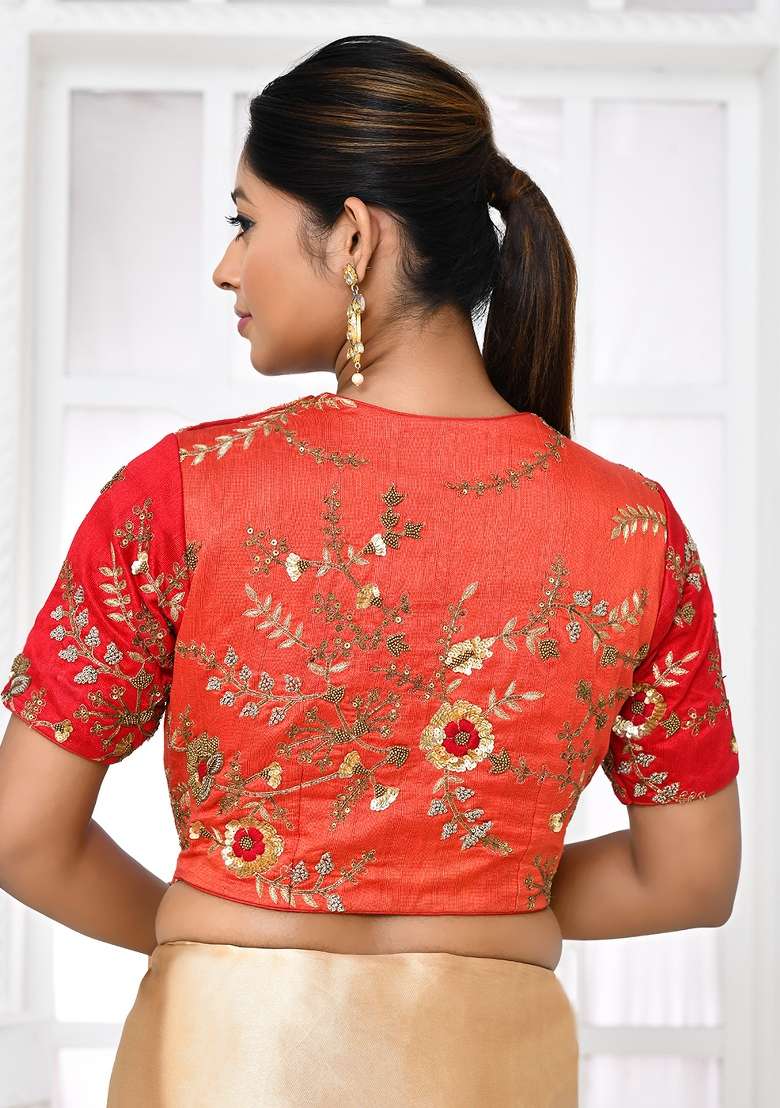 Red Embroidered Raw Silk Blouses - Indya