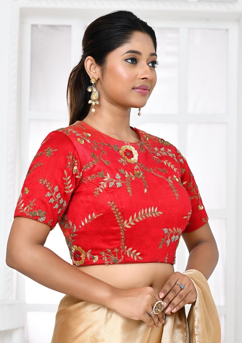Red Embroidered Raw Silk Blouses
