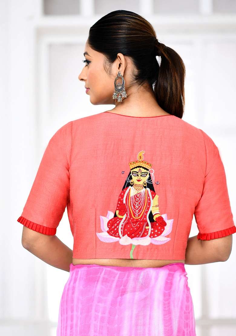 Rust Brown Embroidered Matka Silk Blouses - Indya