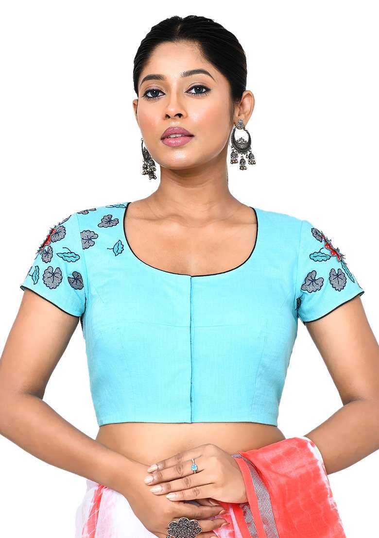 Sky Blue Embroidered Silk Blouses - Indya