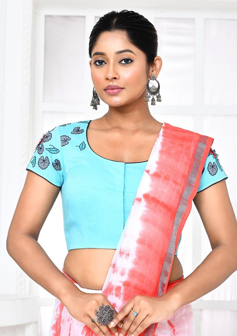 Sky Blue Embroidered Silk Blouses