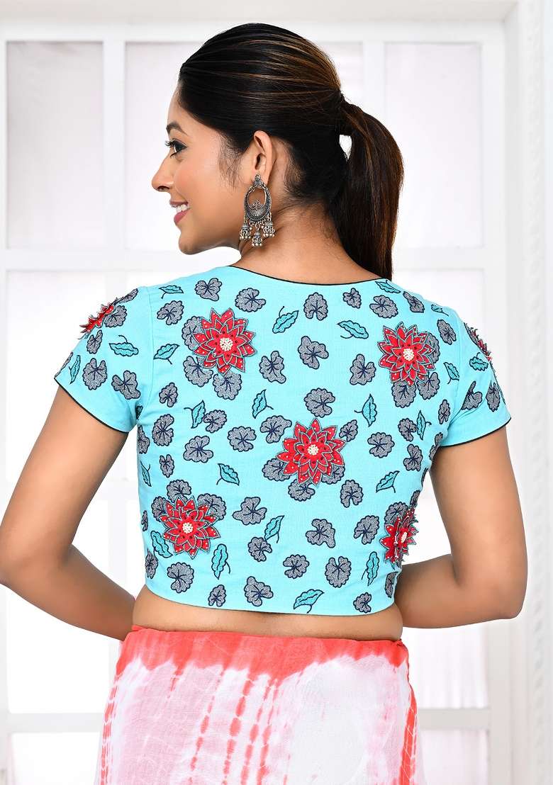 Sky Blue Embroidered Silk Blouses - Indya