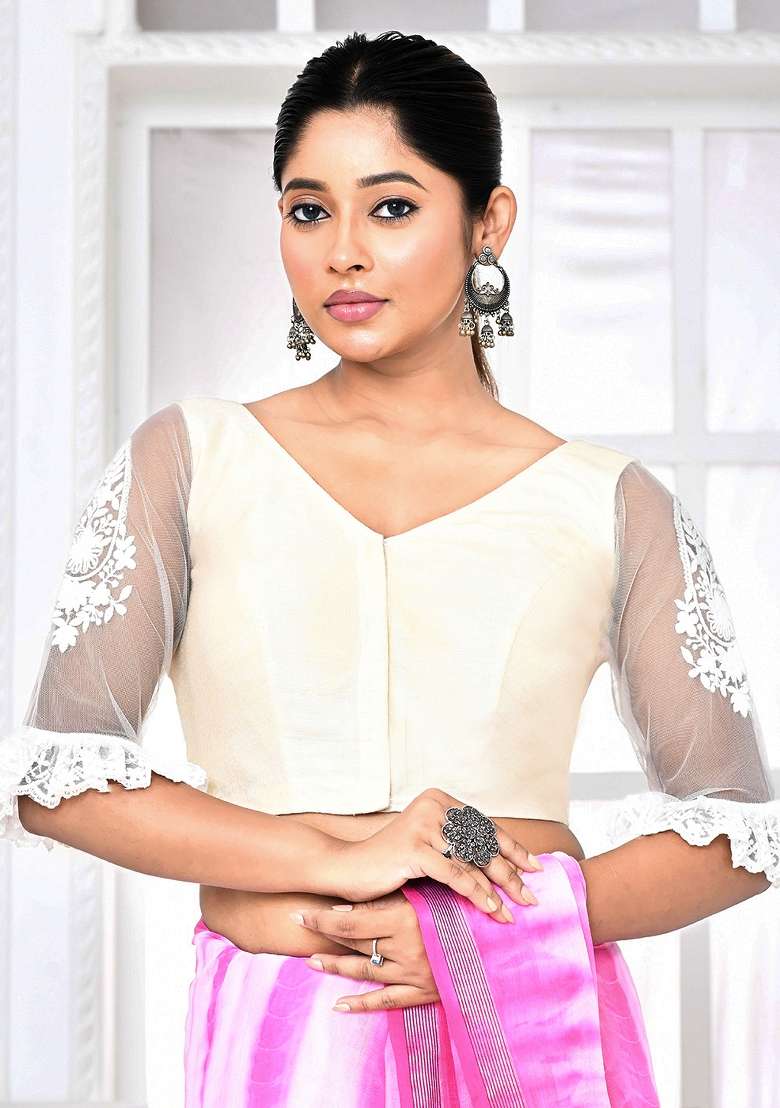 White Embroidered Matka Silk Blouses - Indya
