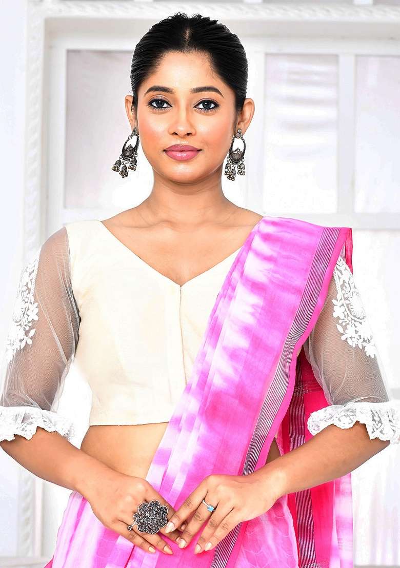 White Embroidered Matka Silk Blouses - Indya