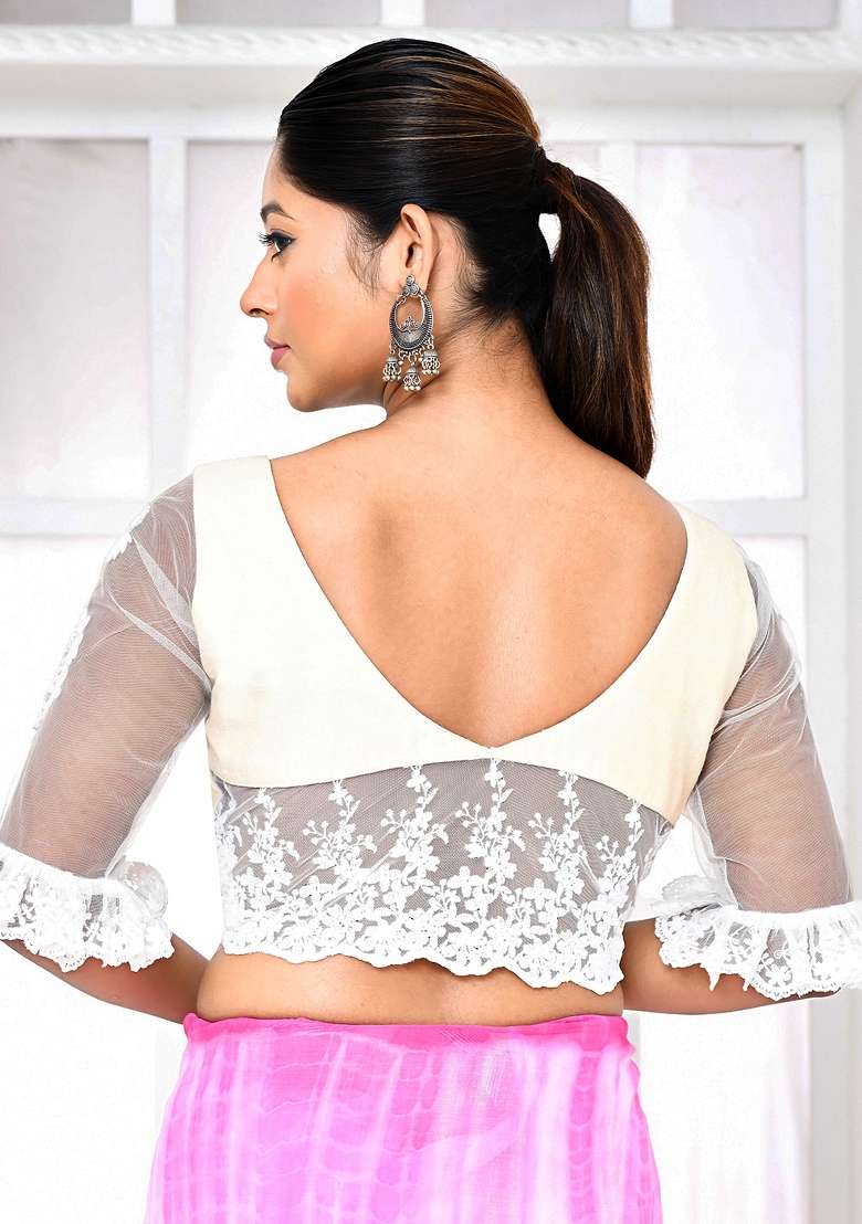 White Embroidered Matka Silk Blouses - Indya