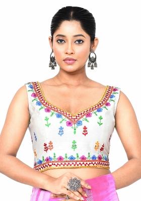 White Embroidered Matka Silk Blouses
