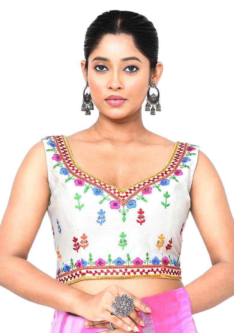 White Embroidered Matka Silk Blouses - Indya