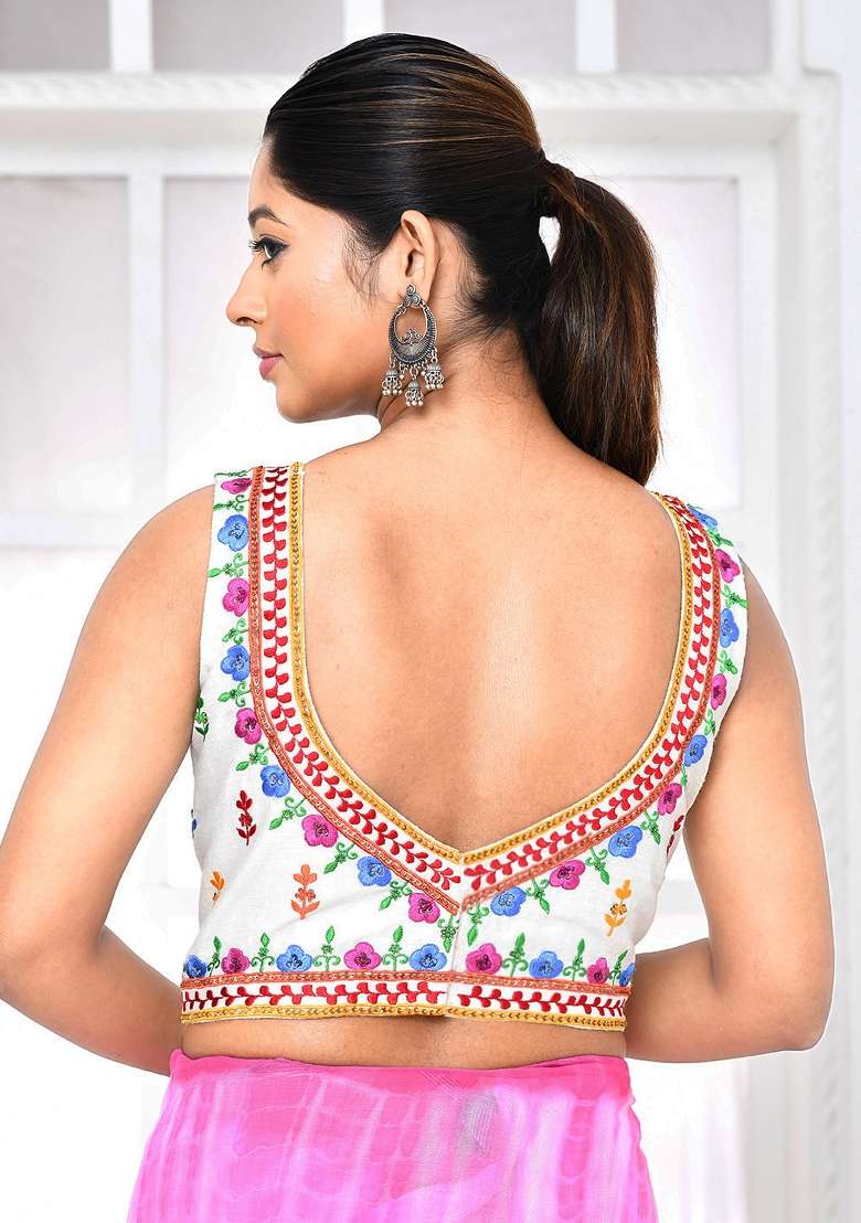 White Embroidered Matka Silk Blouses - Indya