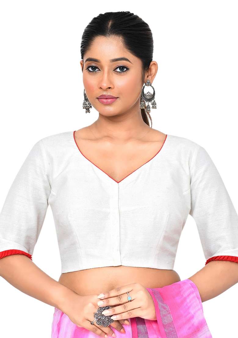 White Embroidered Matka Silk Blouses - Indya