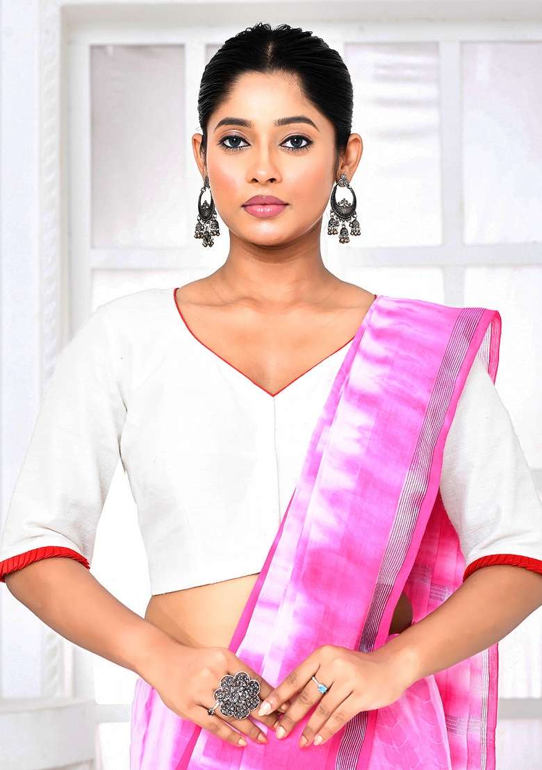 White Embroidered Matka Silk Blouses - Indya
