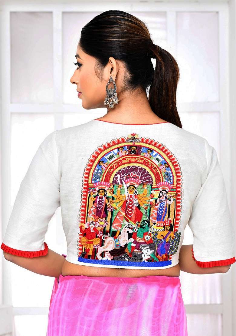 White Embroidered Matka Silk Blouses - Indya