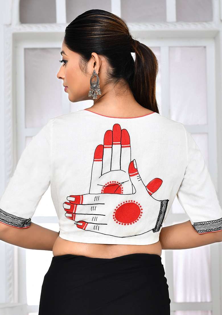 White Embroidered Matka Silk Blouses - Indya