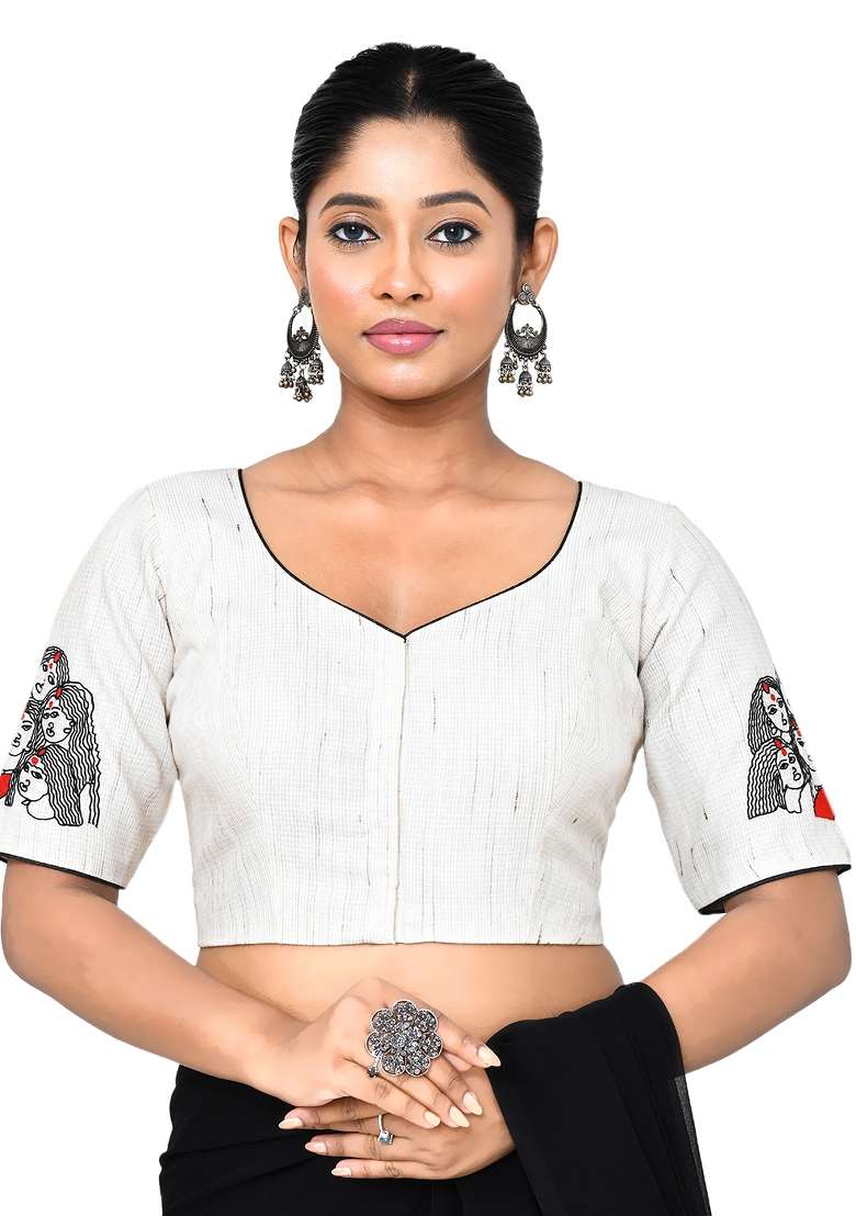 White Embroidered Silk Blouses - Indya