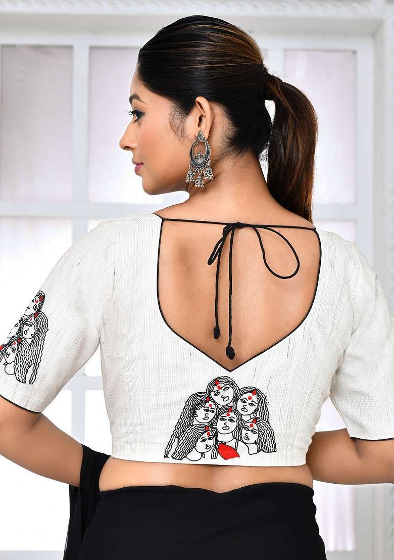 White Embroidered Silk Blouses - Indya