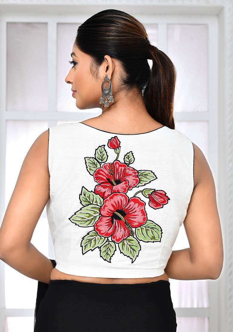 White Embroidered Matka Silk Blouses - Indya