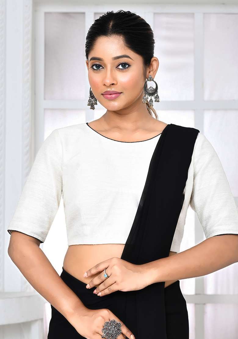 White Embroidered Matka Silk Blouses - Indya