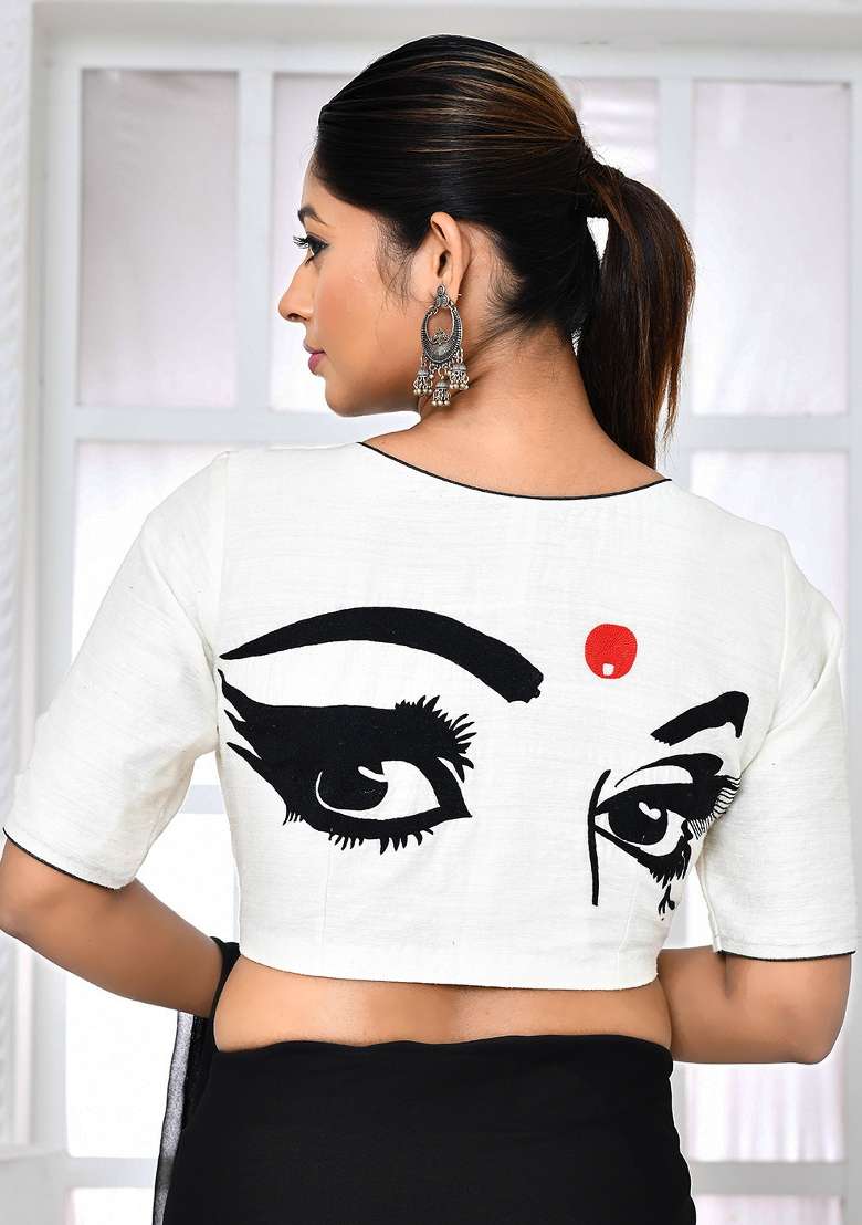 White Embroidered Matka Silk Blouses - Indya