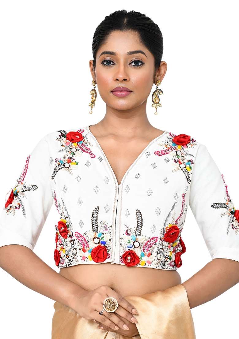White Embroidered Silk Blouses - Indya