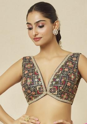 Navy Blue Silk Embroidery Stitched Blouse