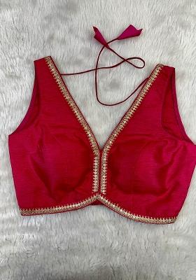 Hot Pink Dupion Silk Lace Stitched Blouse