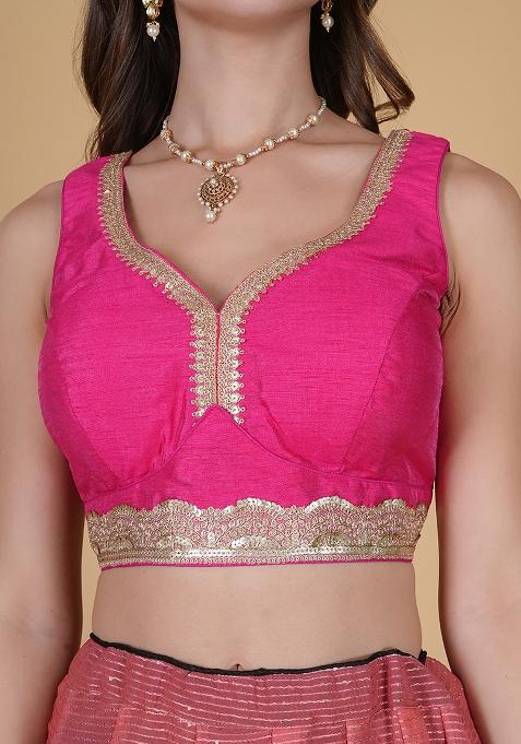 Hot Pink Dupion Silk Lace Stitched Blouse