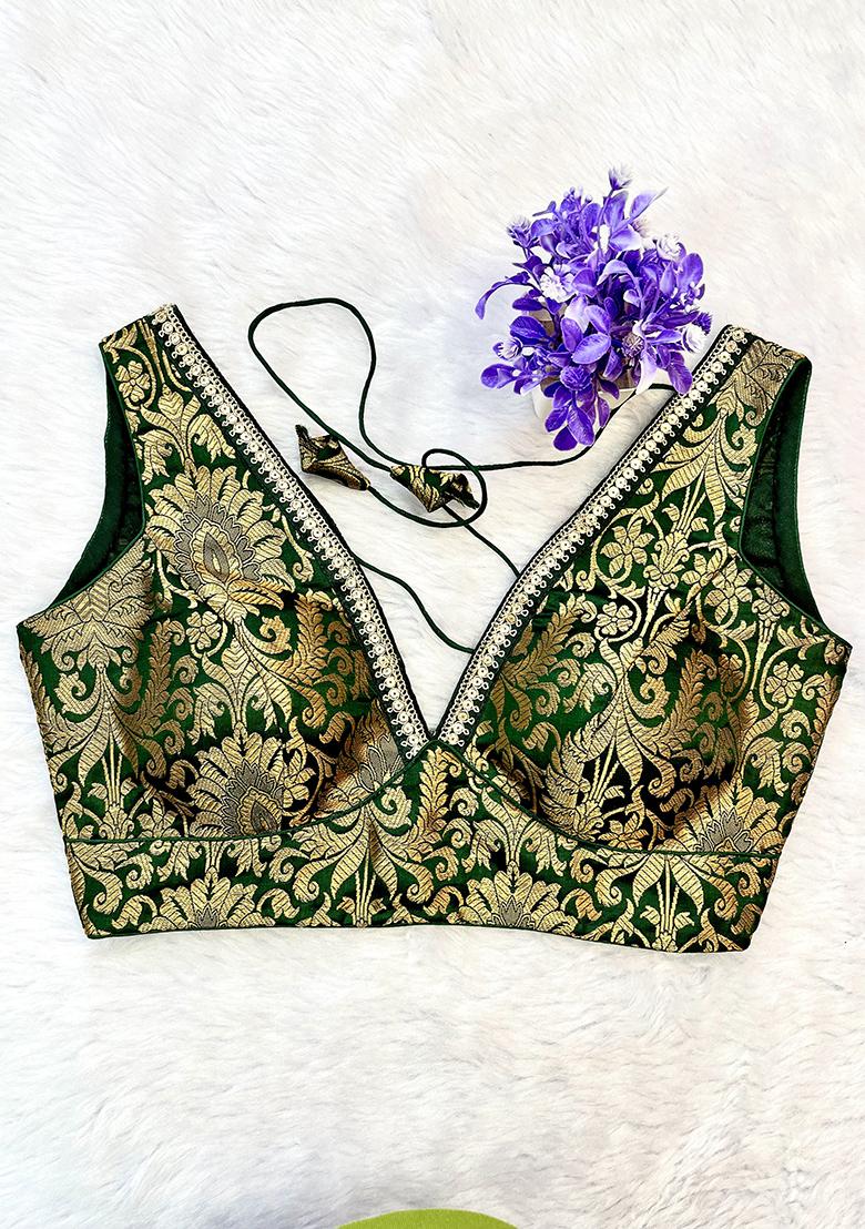 Bottle Green Banarsi Brocade Lace Stitched Blouse