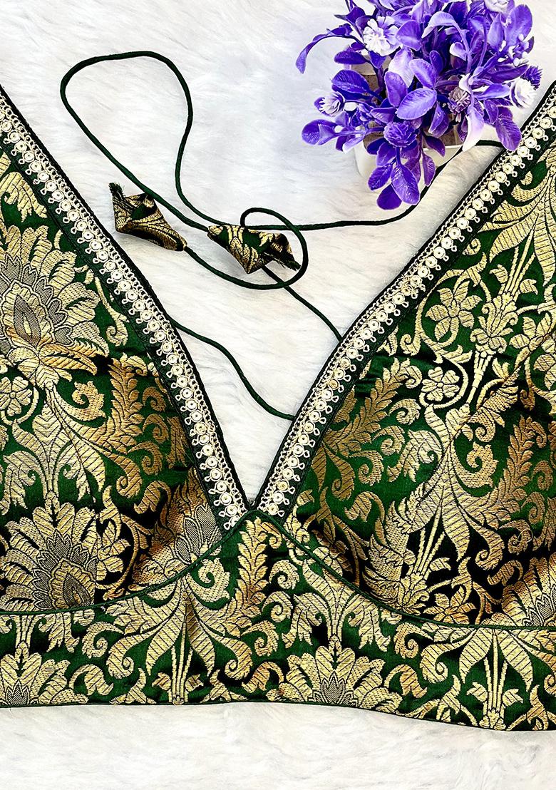Bottle Green Banarsi Brocade Lace Stitched Blouse