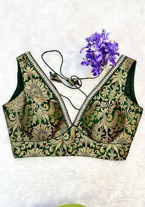 Bottle Green Banarsi Brocade Lace Stitched Blouse