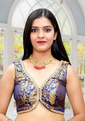 Navy Blue Banarsi Brocade Lace Stitched Blouse