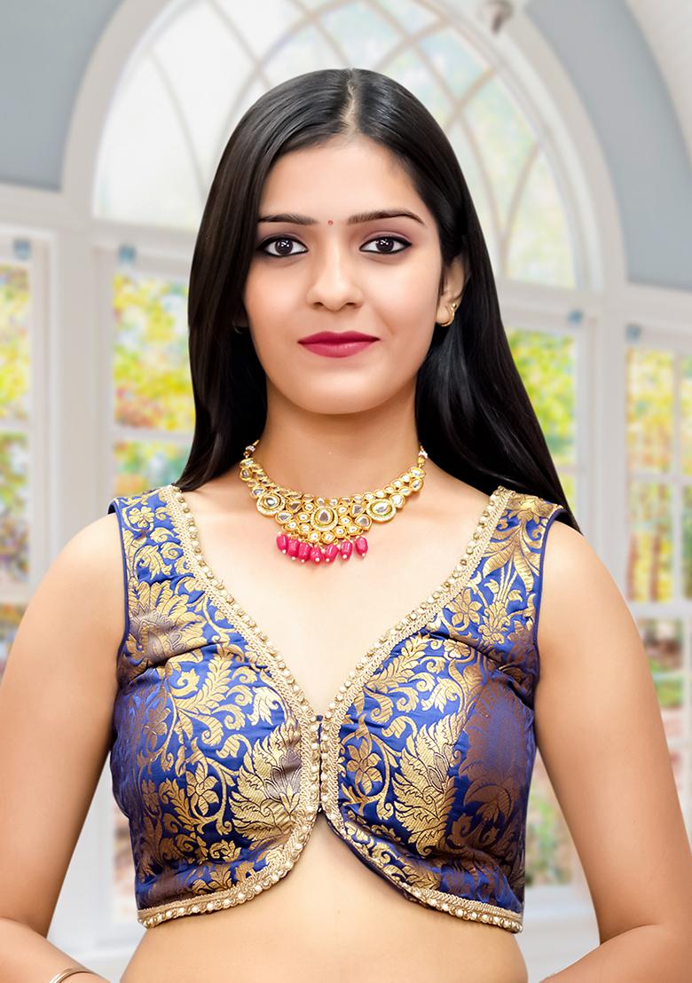 Navy Blue Banarsi Brocade Lace Stitched Blouse