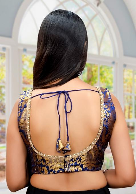 Navy Blue Banarsi Brocade Lace Stitched Blouse