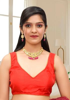 Red Dupion Silk Lace Stitched Blouse