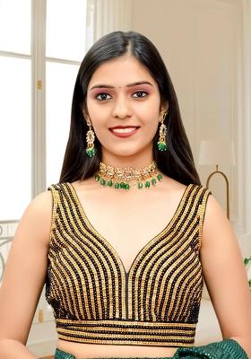 Black And Gold Dupion Silk Pearl Zircon Stitched Blouse