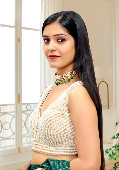 Gold And White Dupion Silk Pearl Zircon Stitched Blouse