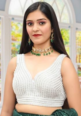 White Dupion Silk Pearl Zircon Stitched Blouse