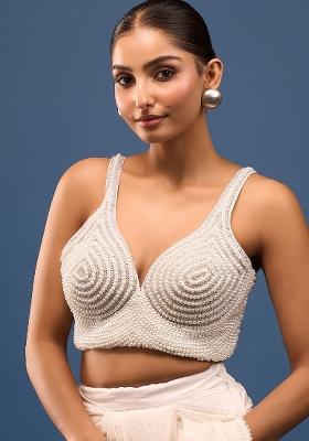 Pearl White Silk Pearl And Diamond Stone Hand Embroidery Stitched Blouse